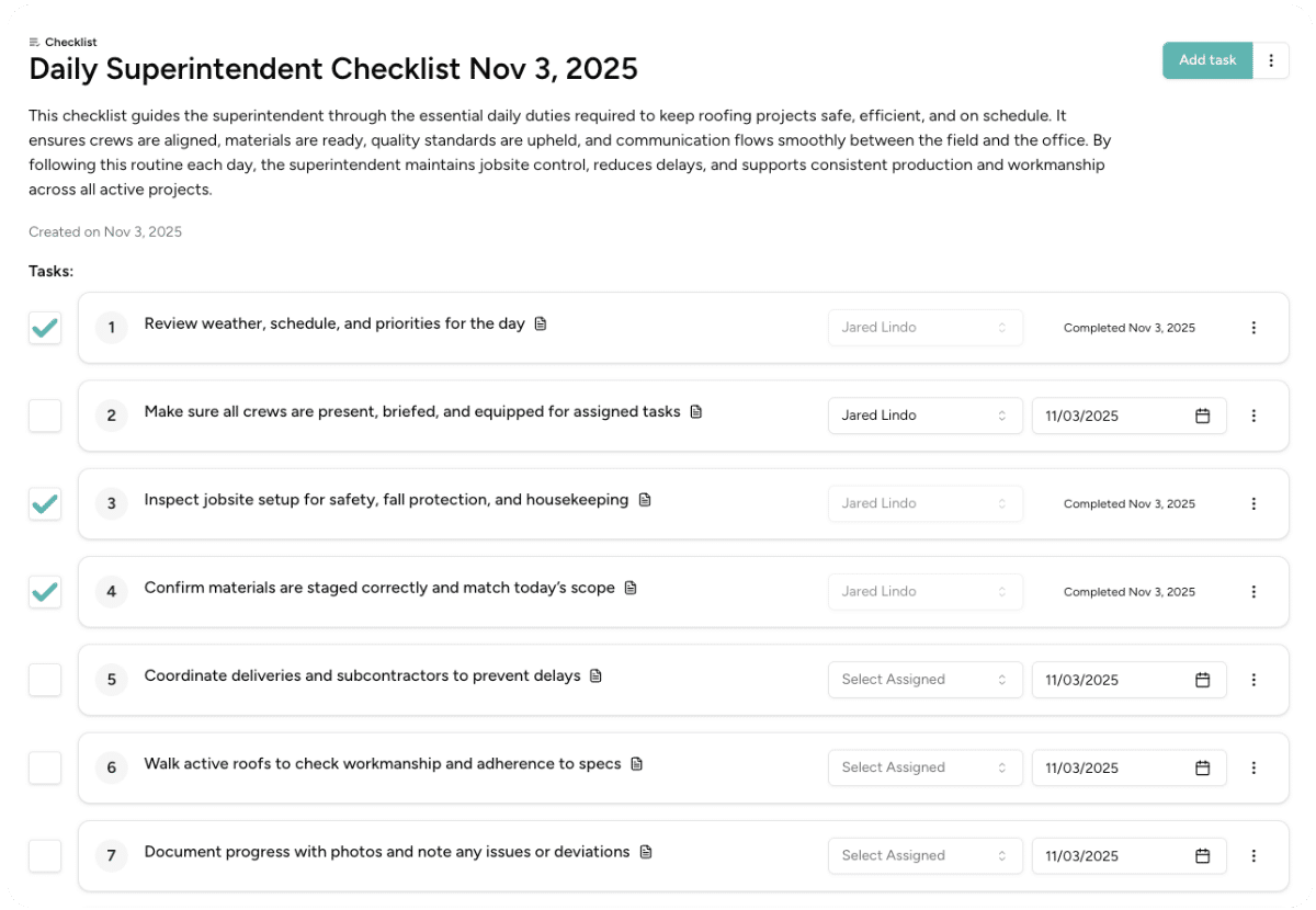 Daily Superintendent checklist