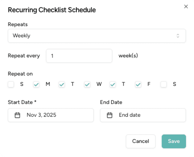 Recurring Checklist schedule